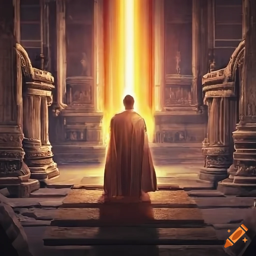 Mark 15:38 depicted in a temple with torchlight