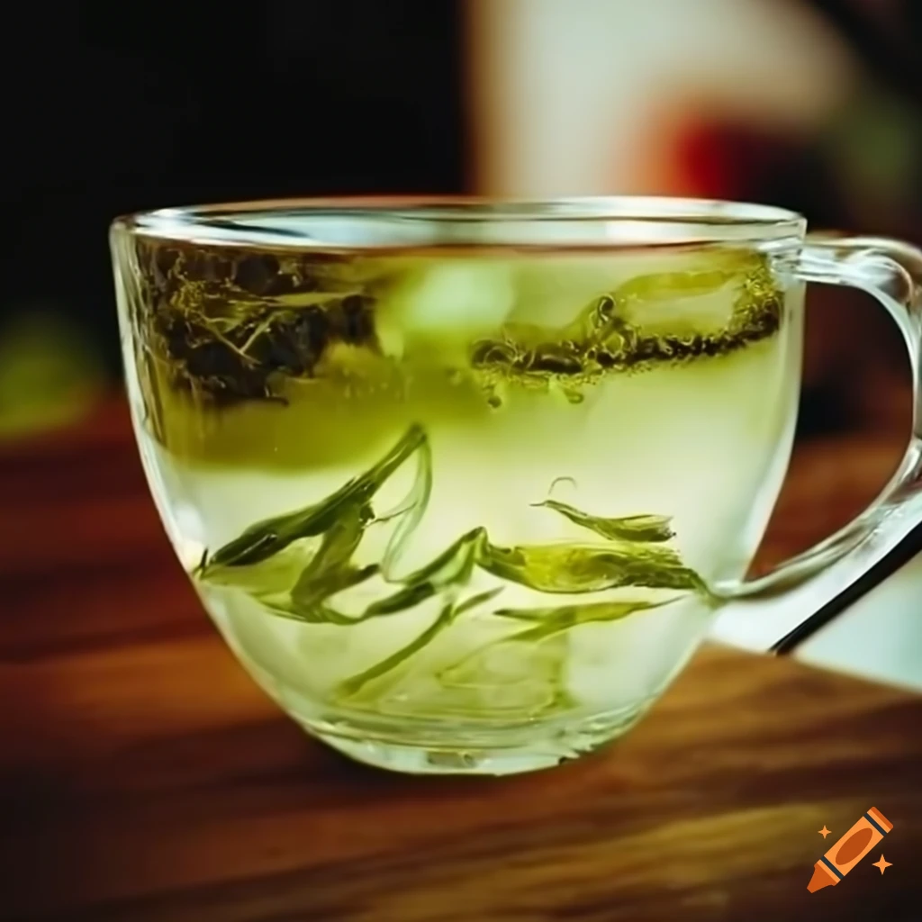 Green tea served hot in glassware with leaves on the table