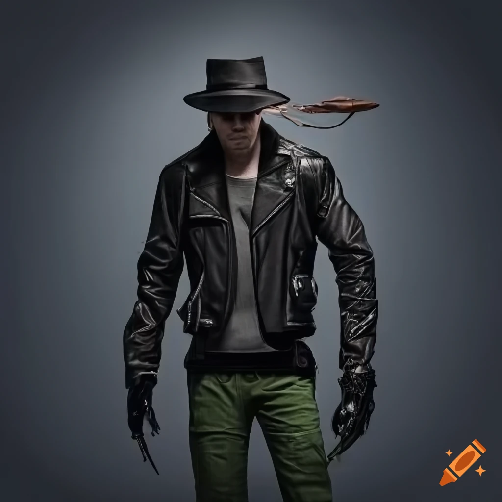Man in black motorcycle bomber jacket, dark green pants, and fedora hat