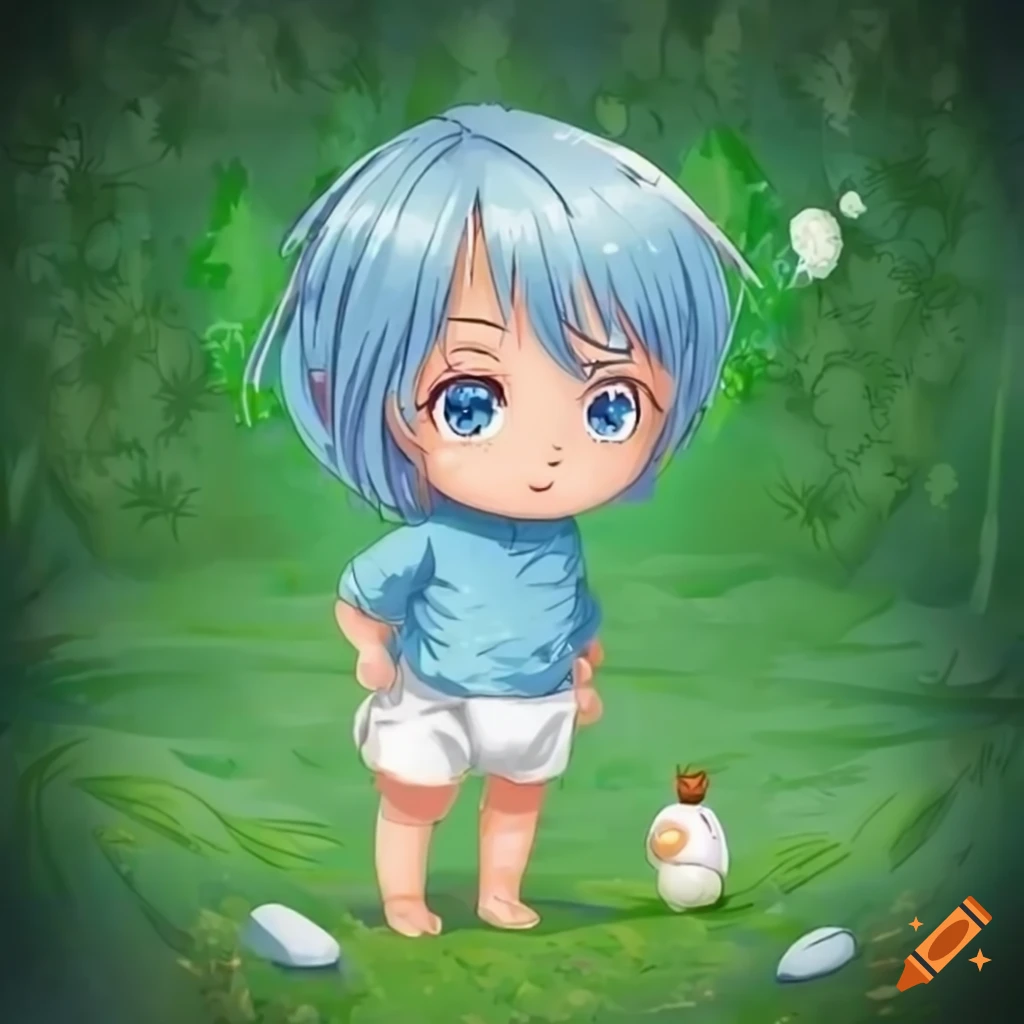 Adorable anime-style toddler playing in the grass