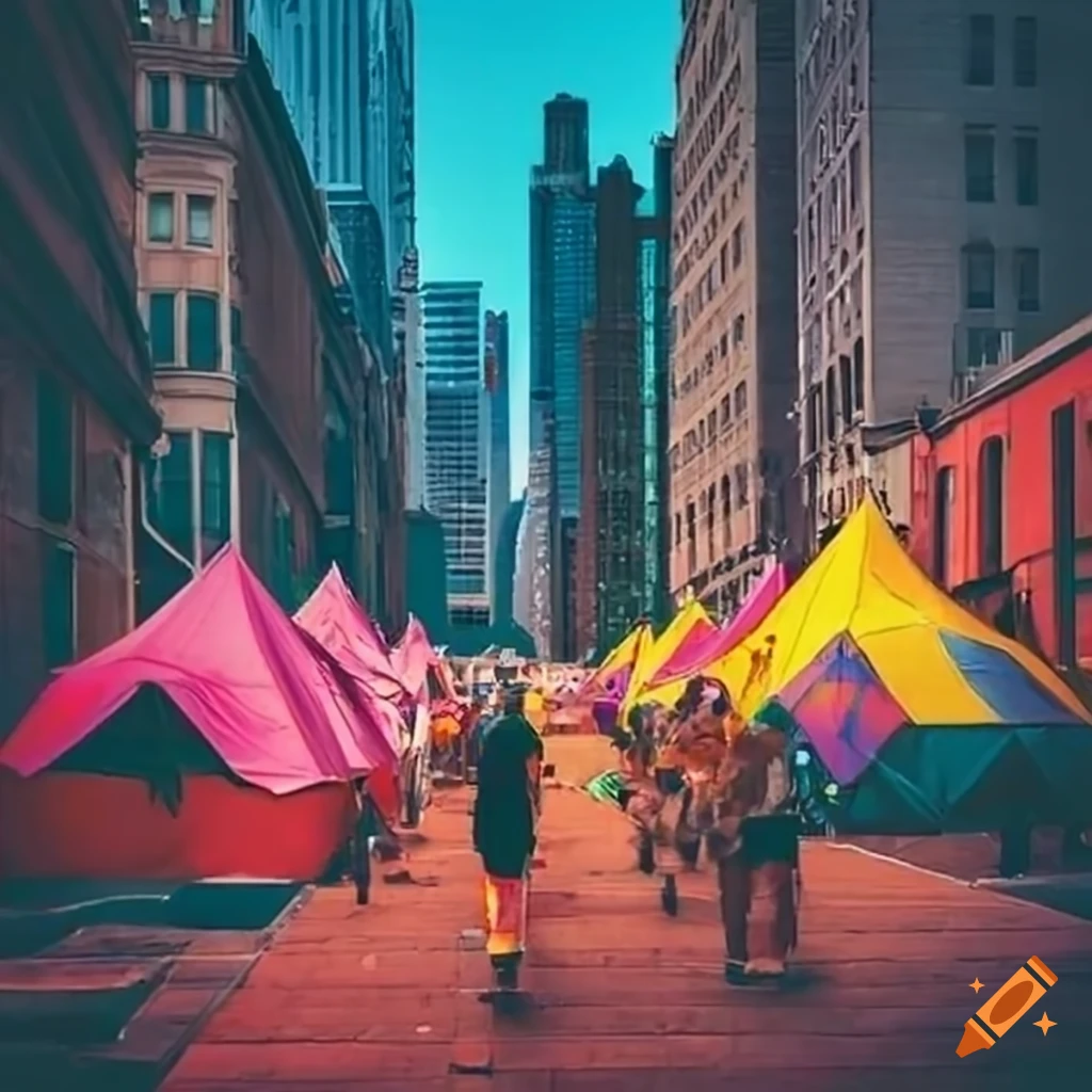 Vibrant tent community in a downtown street