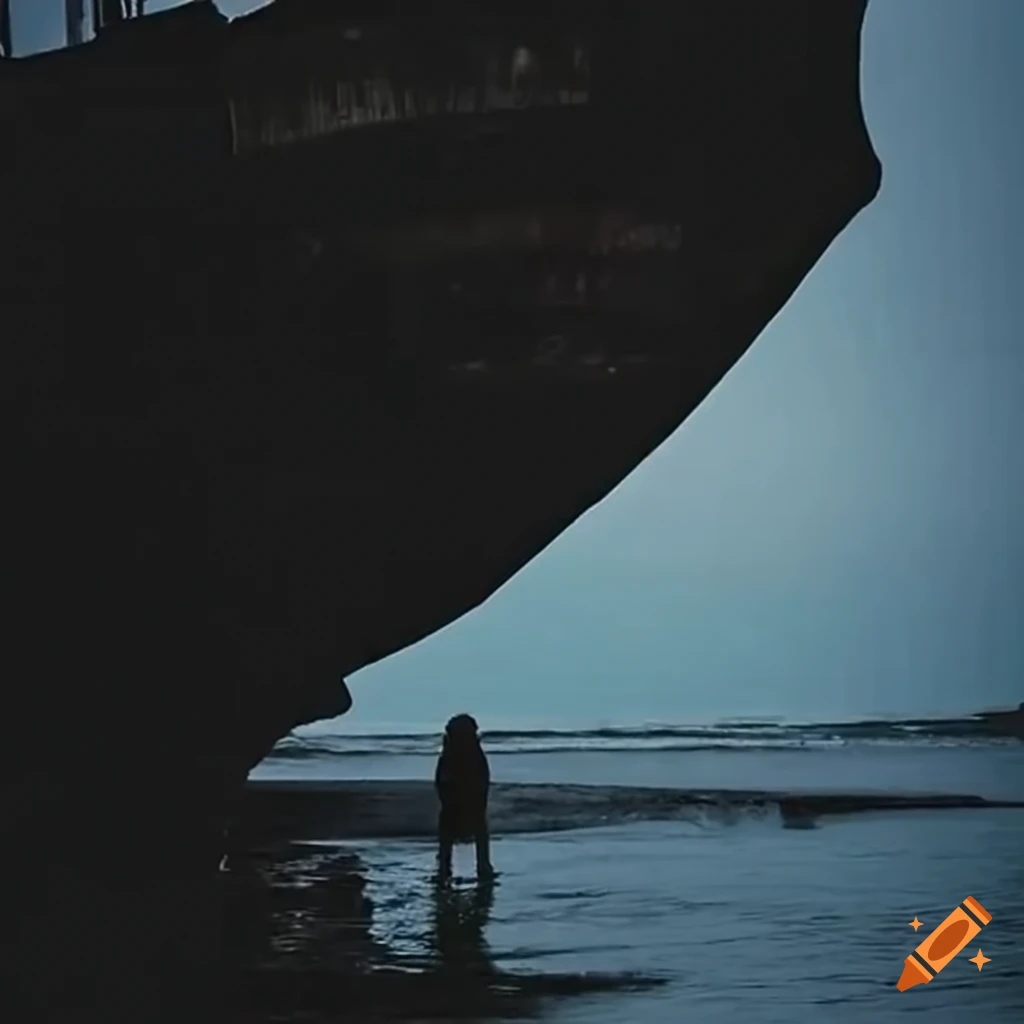 Winter scene with a girl looking at a shipwrecked boat on an icy ocean