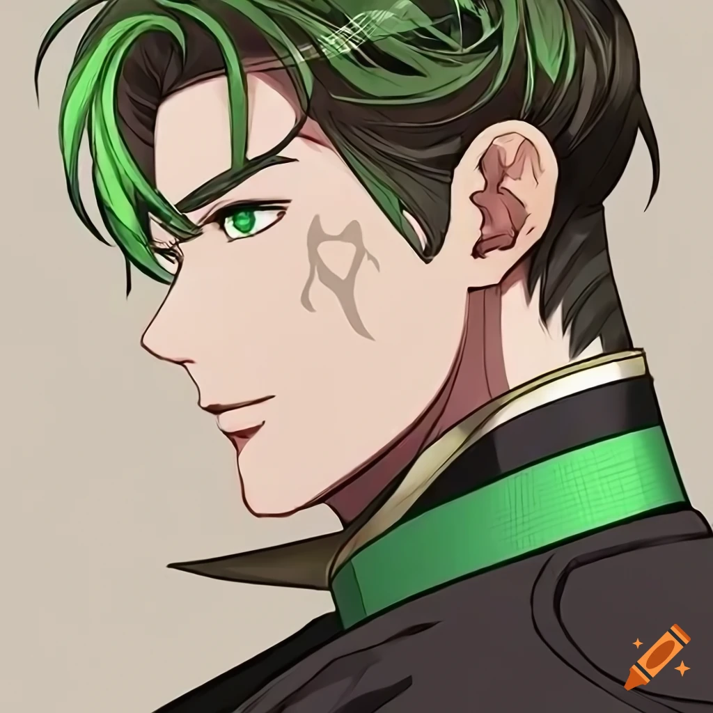 Manhwa character resembling Claude with slicked back brown hair in a black suit and green tie