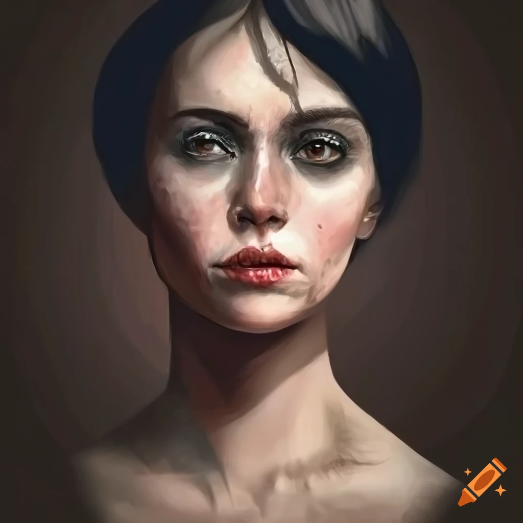 Medieval woman portrait with pale skin and dark hair in Beksinski style ...