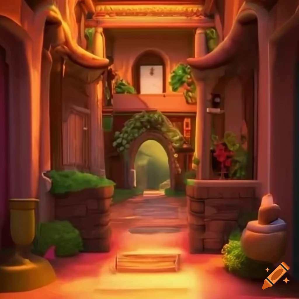 Spanish patio inside Encanto's door in 3D animation