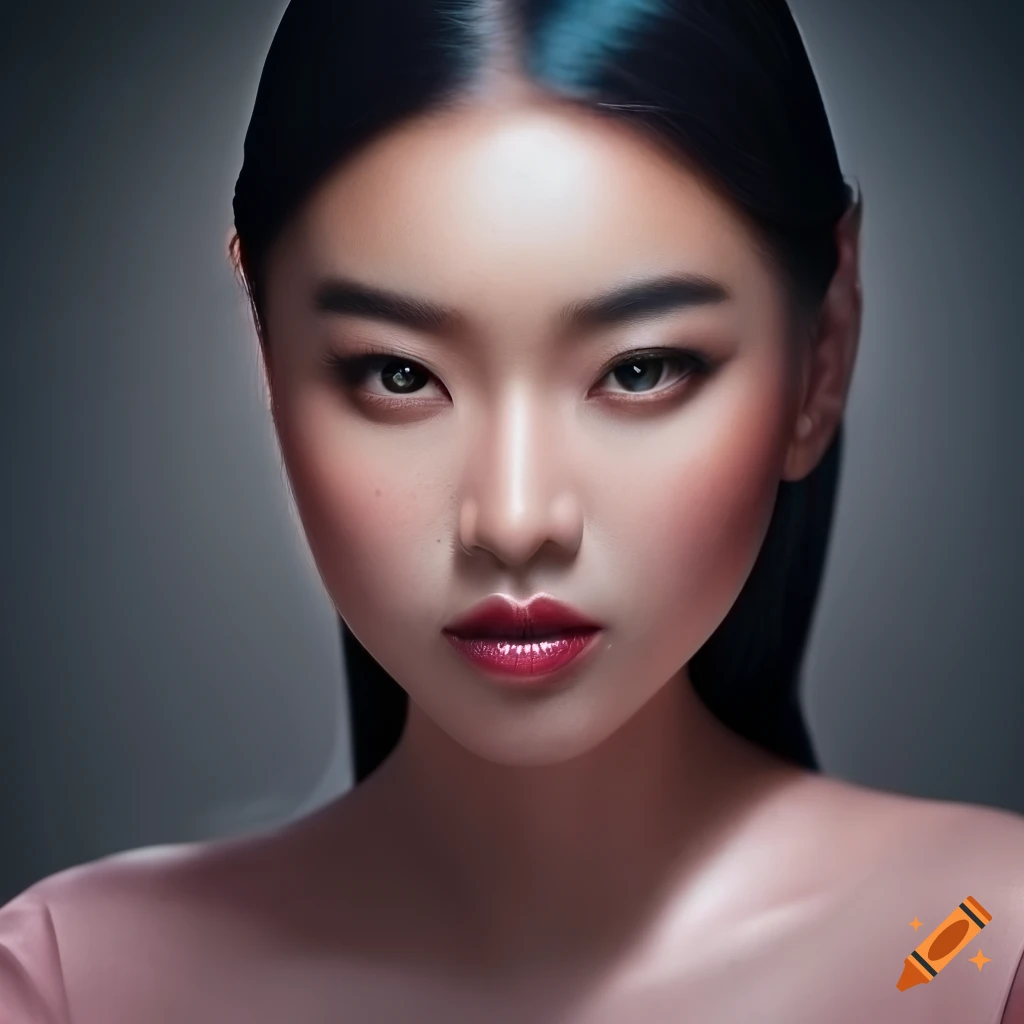 Portrait of a young Asian woman with glossy eyes and detailed skin