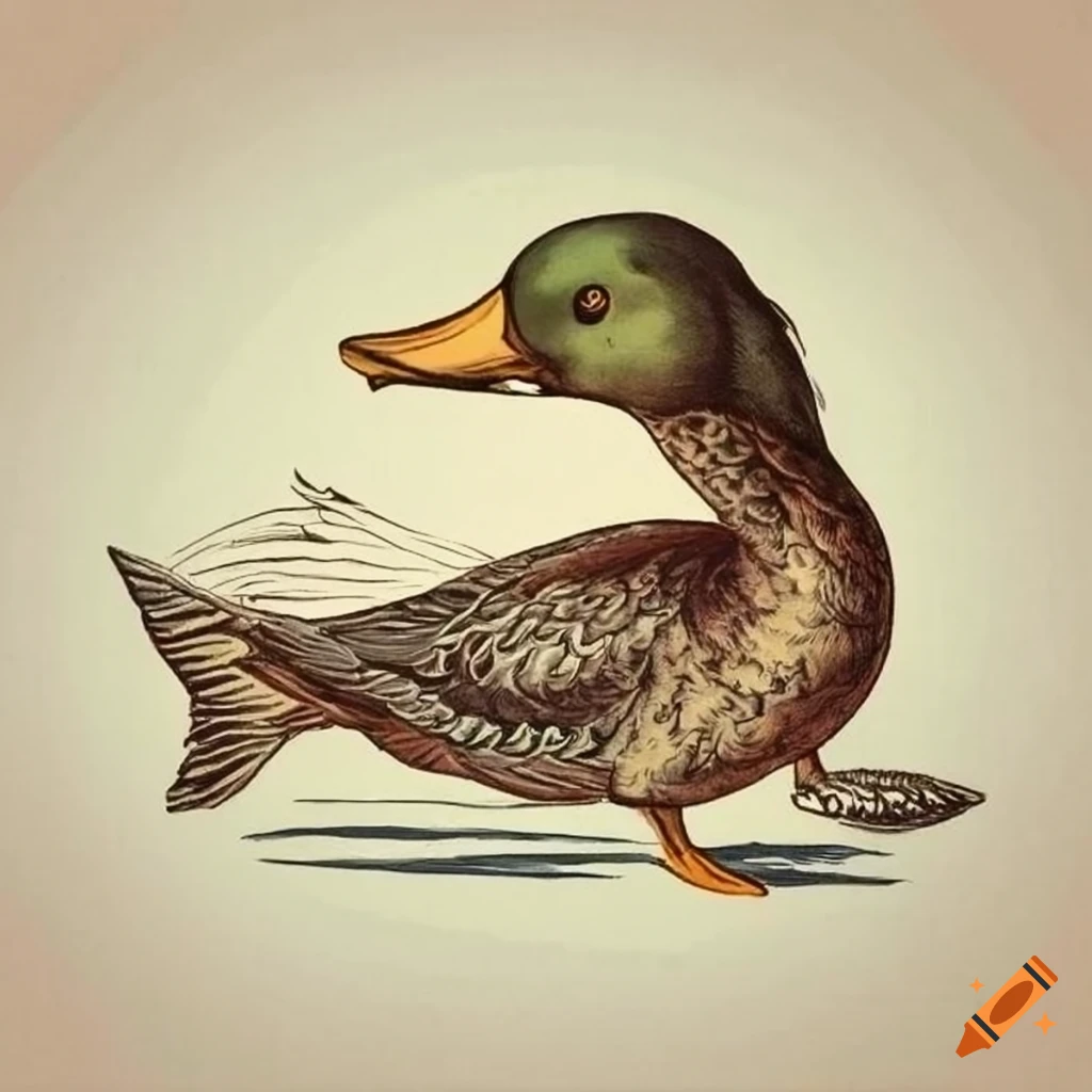 18th century nature science drawing of a duck-dog-fish hybrid