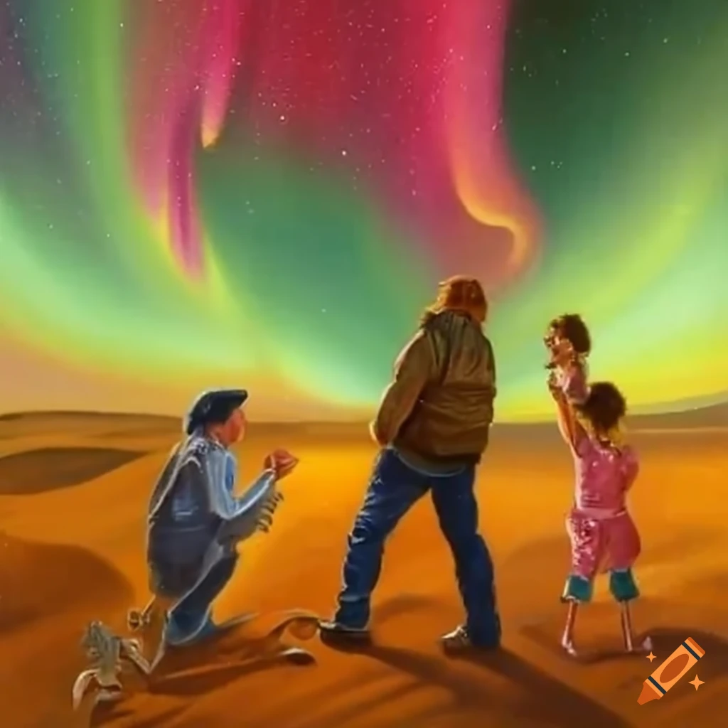Family admiring the aurora in the desert