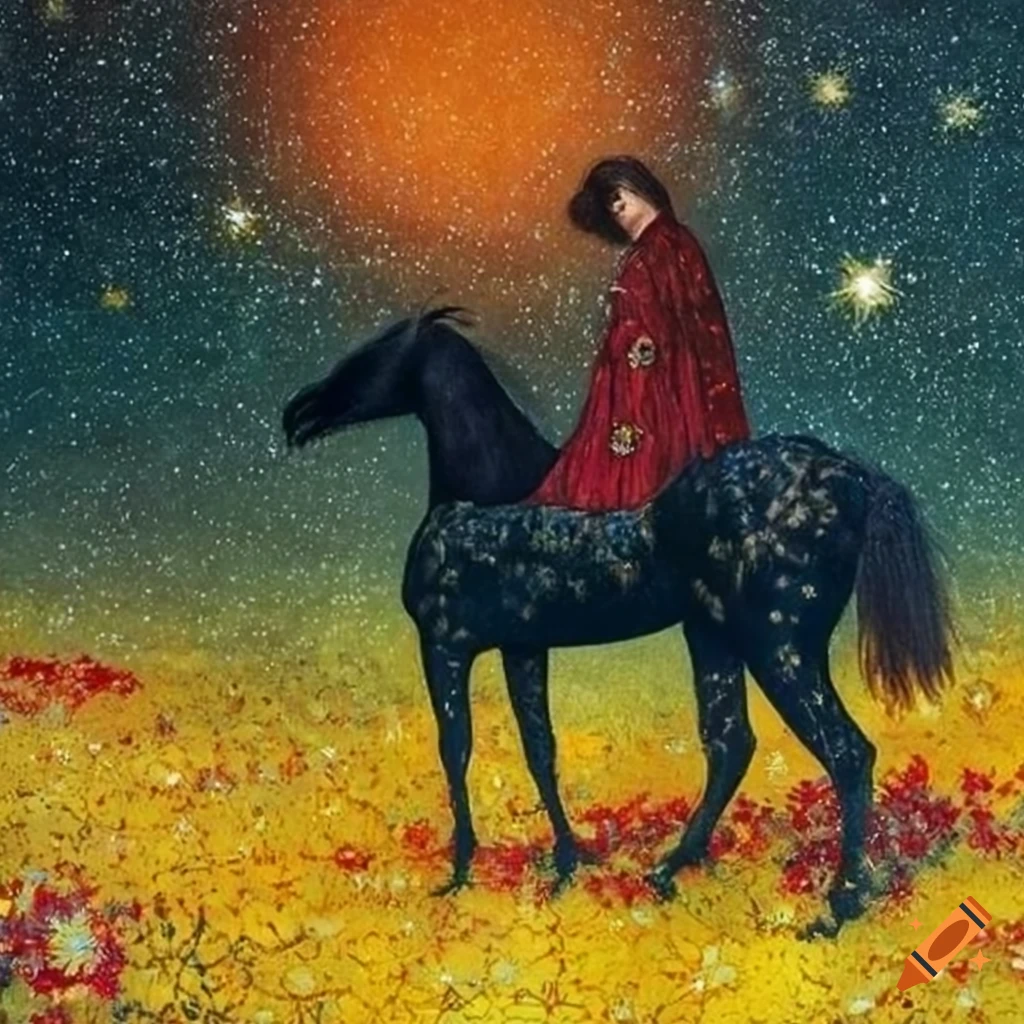 Ethereal black horse covered in stars among yellow, orange, and red flowers in Edmund Dulac style