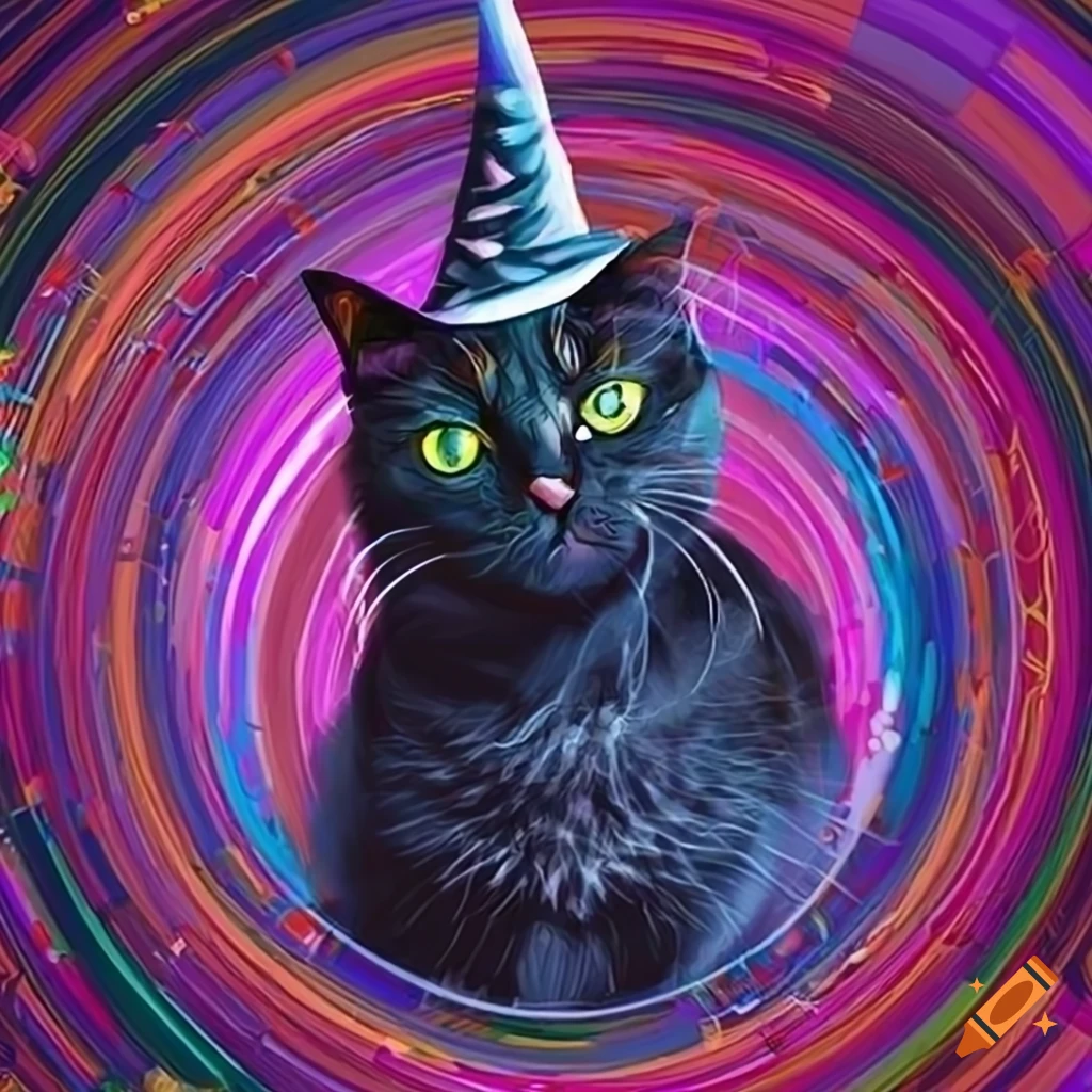 Black cat wizard surrounded by colorful circles on Craiyon