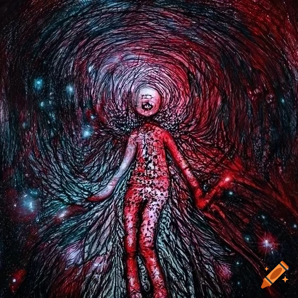 Terrifying child figure in a surreal galaxy setting with pencil scribbles