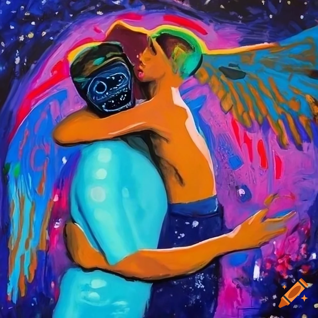 Vibrant surrealist painting of two men hugging with punk iroquois and wings, kissing in space with planets around