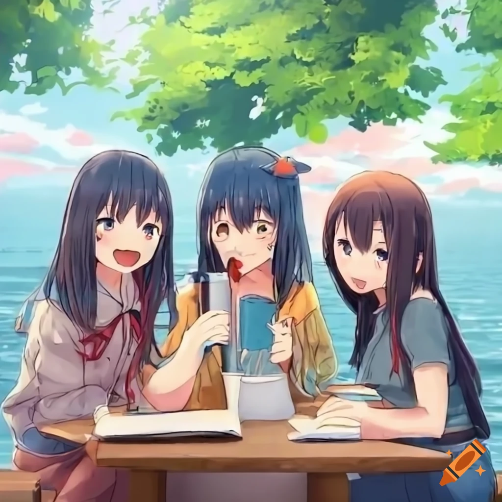 Cheerful anime girls studying and drinking coffee at a waterfront terrace under a rainy sky
