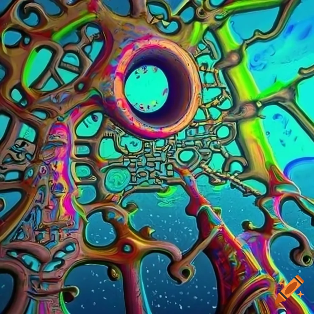 Psychedelic alien tree in tube art style with tropical plants in retro