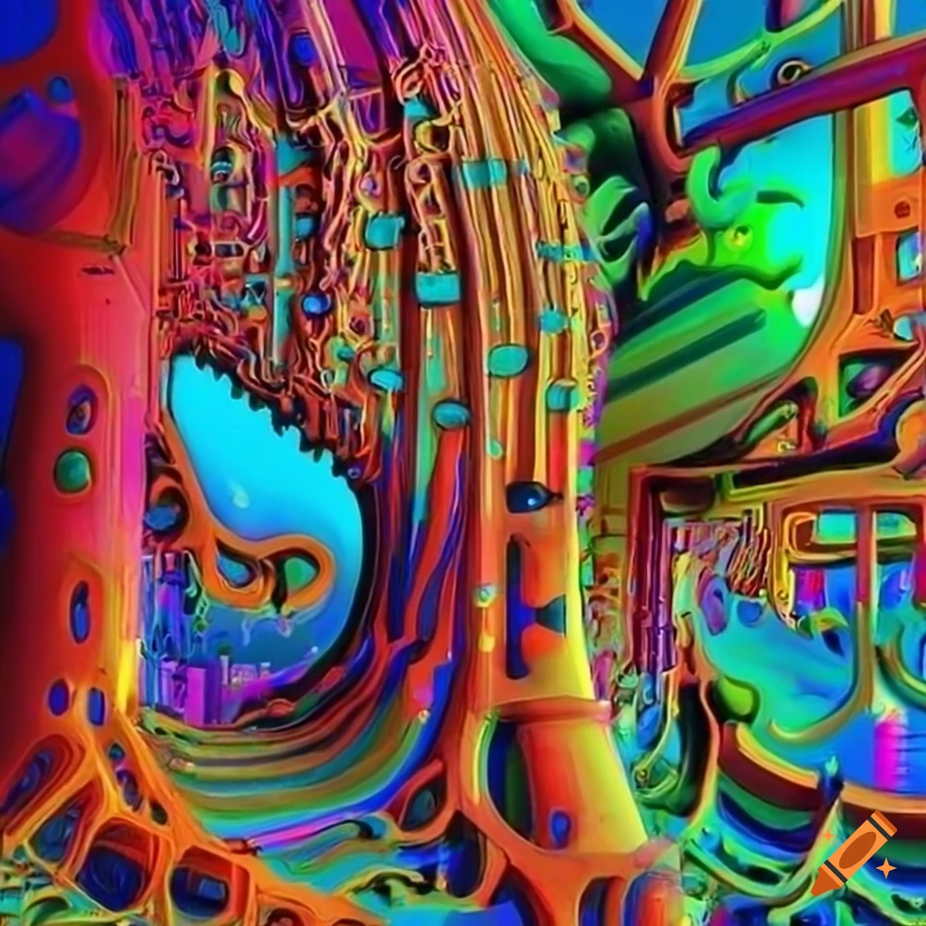 Psychedelic alien tree in tube art style with tropical plants in retro