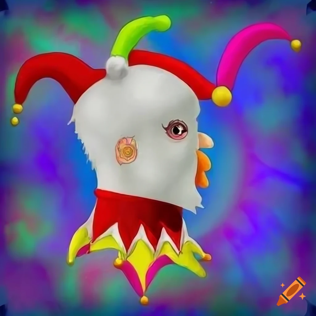 White chicken dressed as a jester on blue starburst background on Craiyon