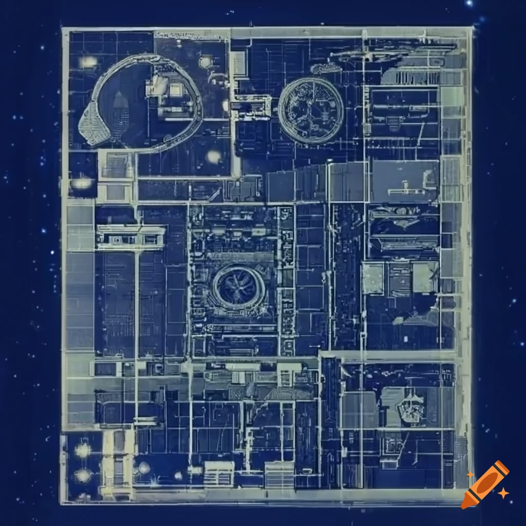 Space station blueprint with 13 unique rooms including star room, swirling patterns room, sleeping pods room, asteroid model room, library room, and fog room