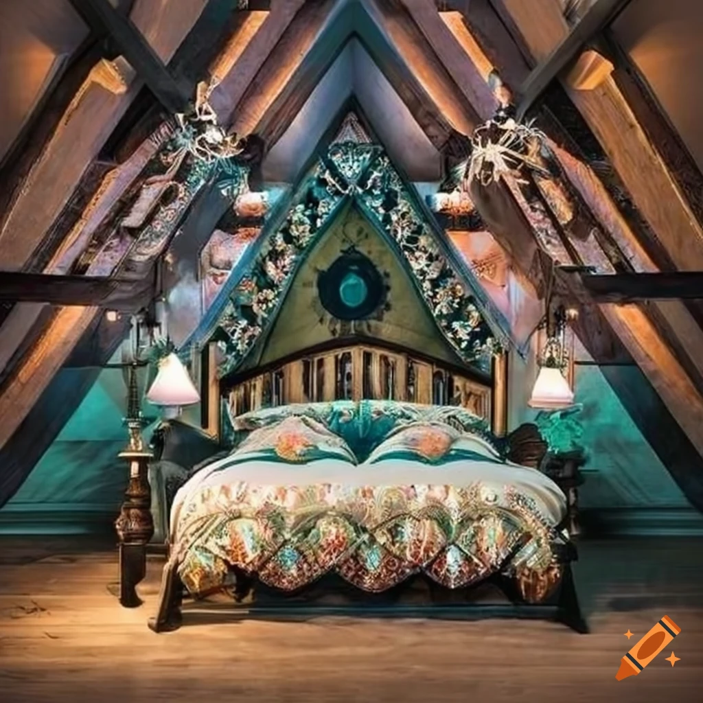 Carpenter gothic cottage attic bedroom with queen bed and summer color ...