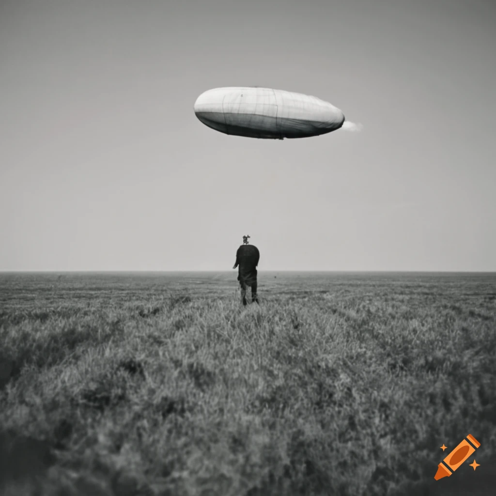Elderly man watching the Hindenburg Zeppelin in a grass plain field