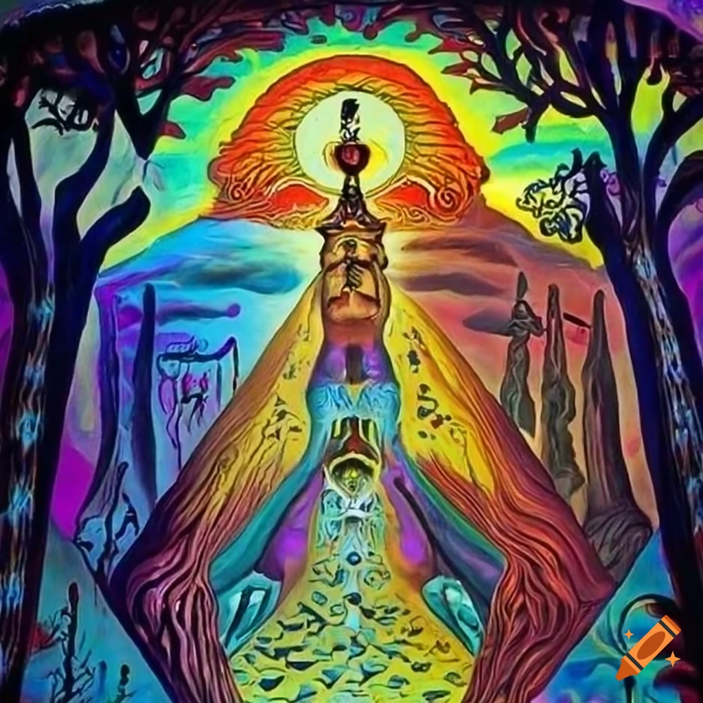 Sacred path with three people walking, sky, forest, and animals watching, inspired by various artists