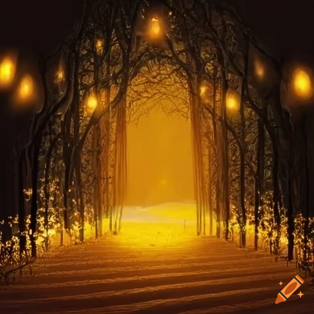 Beautiful magical scene with golden lights in a garden