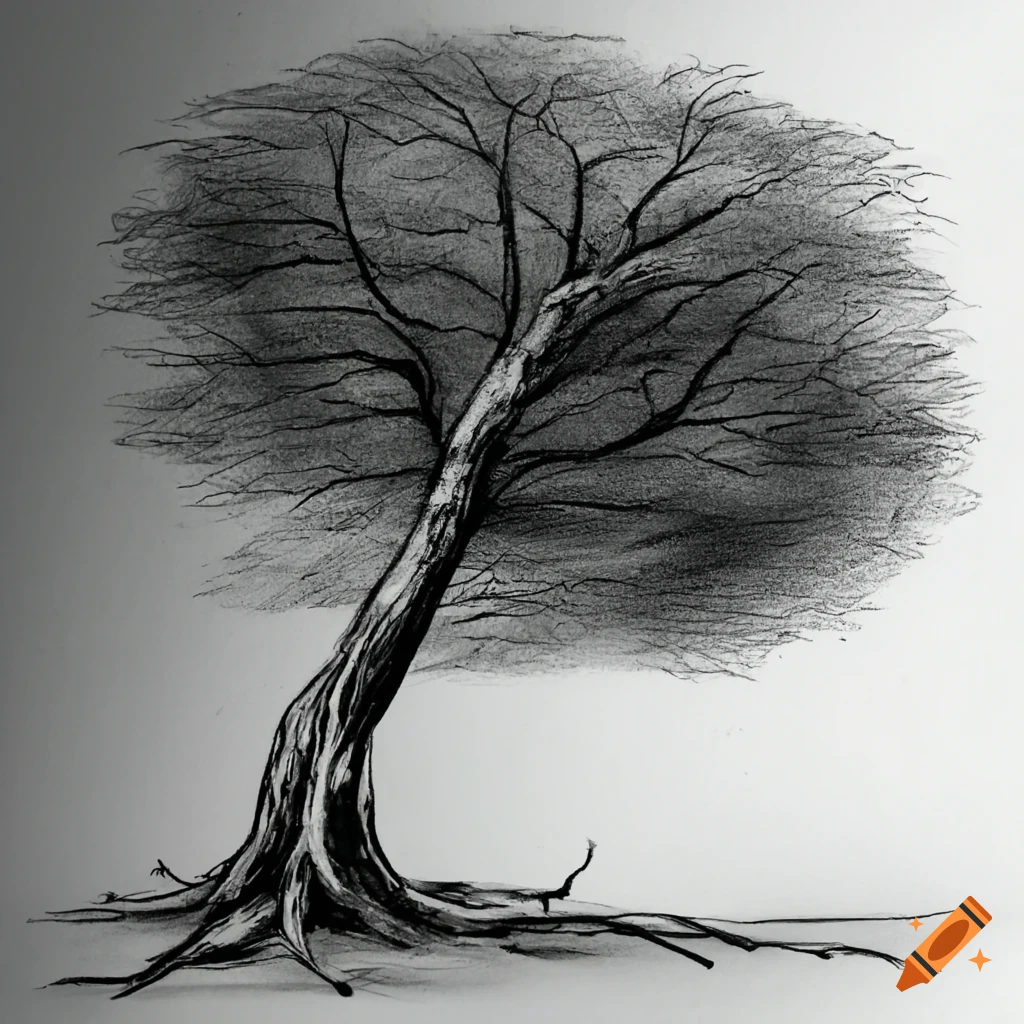 Tree branch in charcoal drawing in black and white