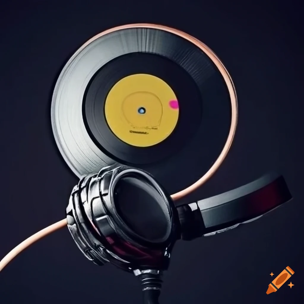 Vinyl record, headphones, microphone, and music notes