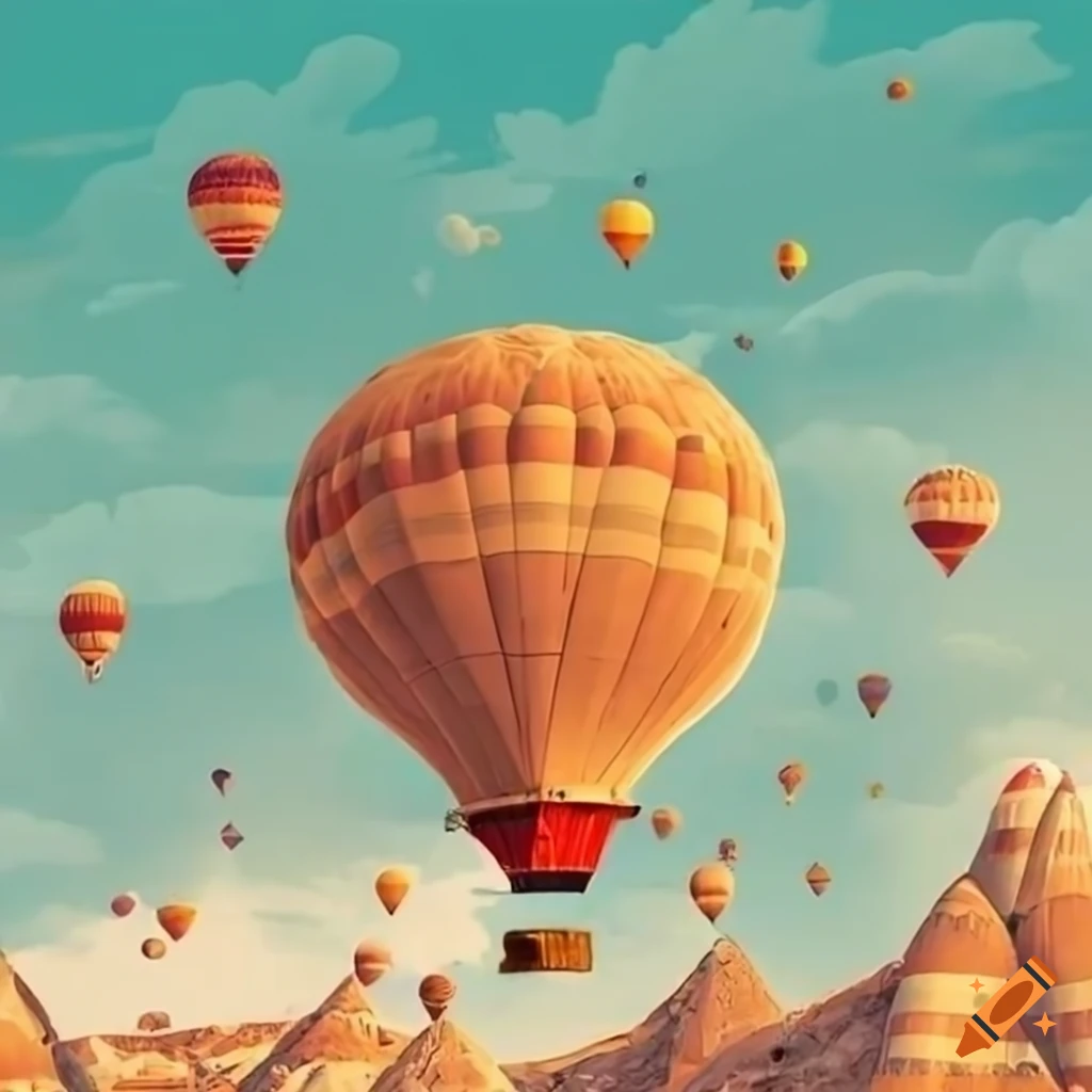 Whimsical and colorful hot air balloons in Ghibli animation style