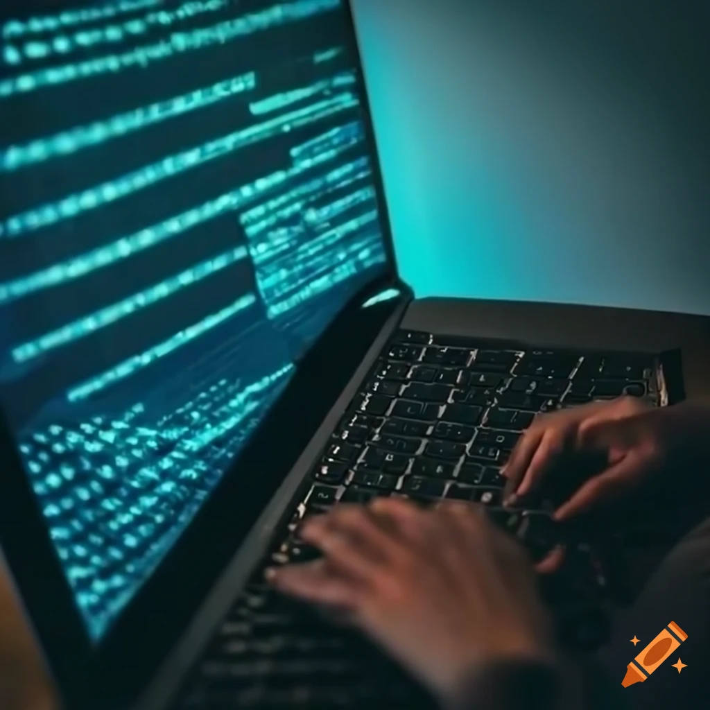 Focused computer programmer typing at laptop on Craiyon
