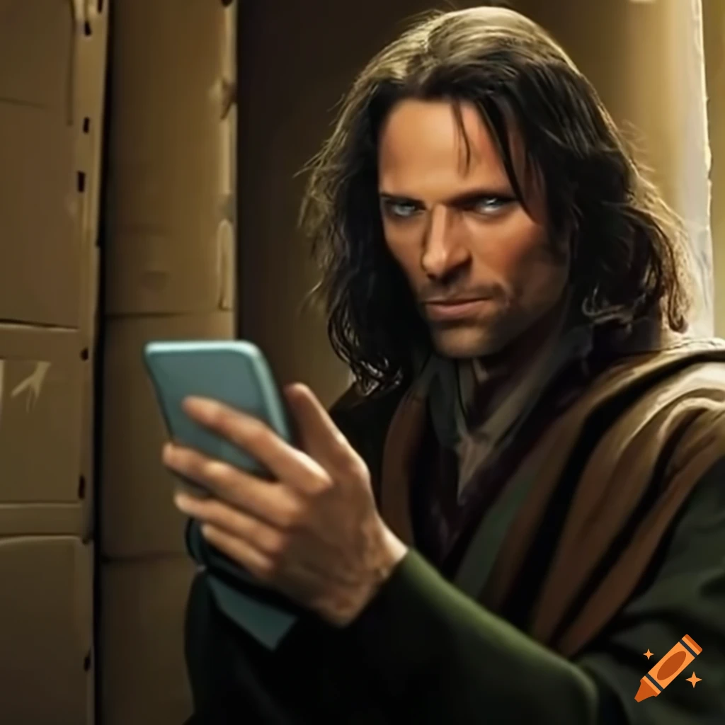 Aragorn inspecting a warehouse with cardboard boxes on his smartphone