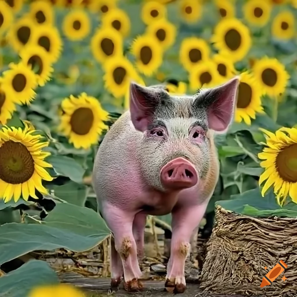 Pig in front of a field of sunflowers