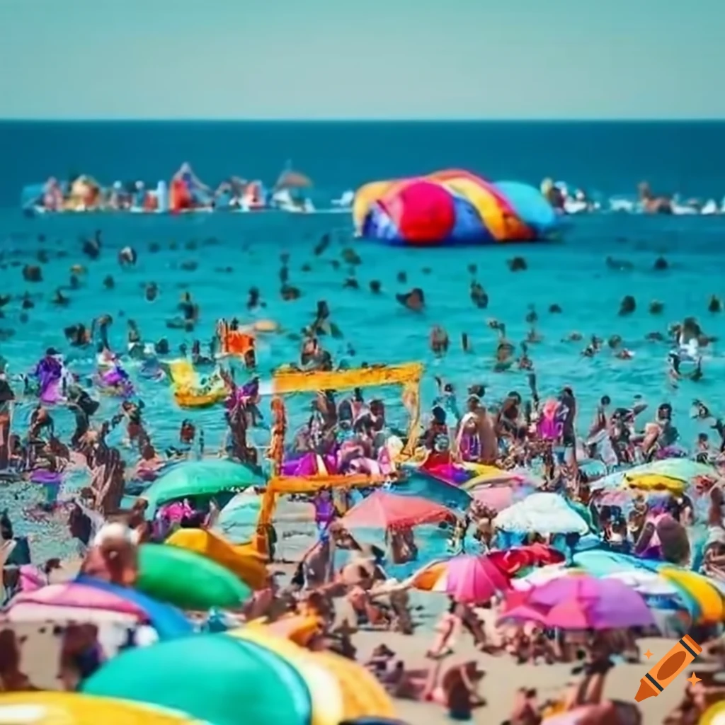 Vivid and crowded beach scene with people enjoying games and activities