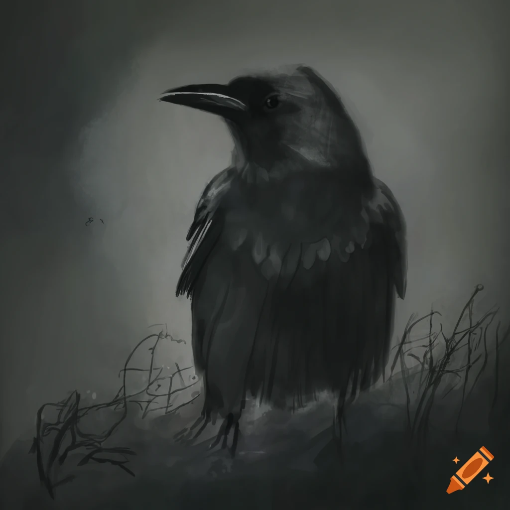 Thoughtful crow in a foggy field, aquarelle painting with dark atmosphere