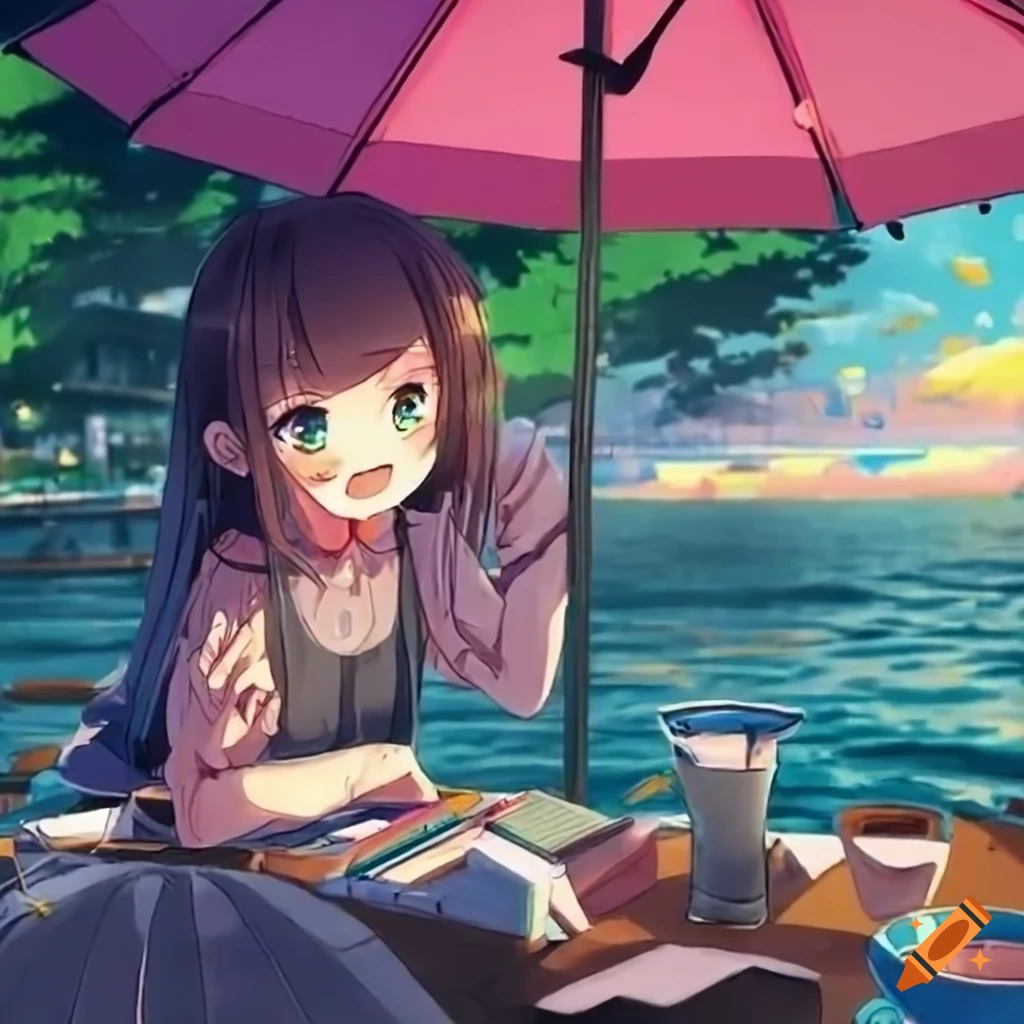 Cheerful anime girls studying at a colorful waterfront terrace with books