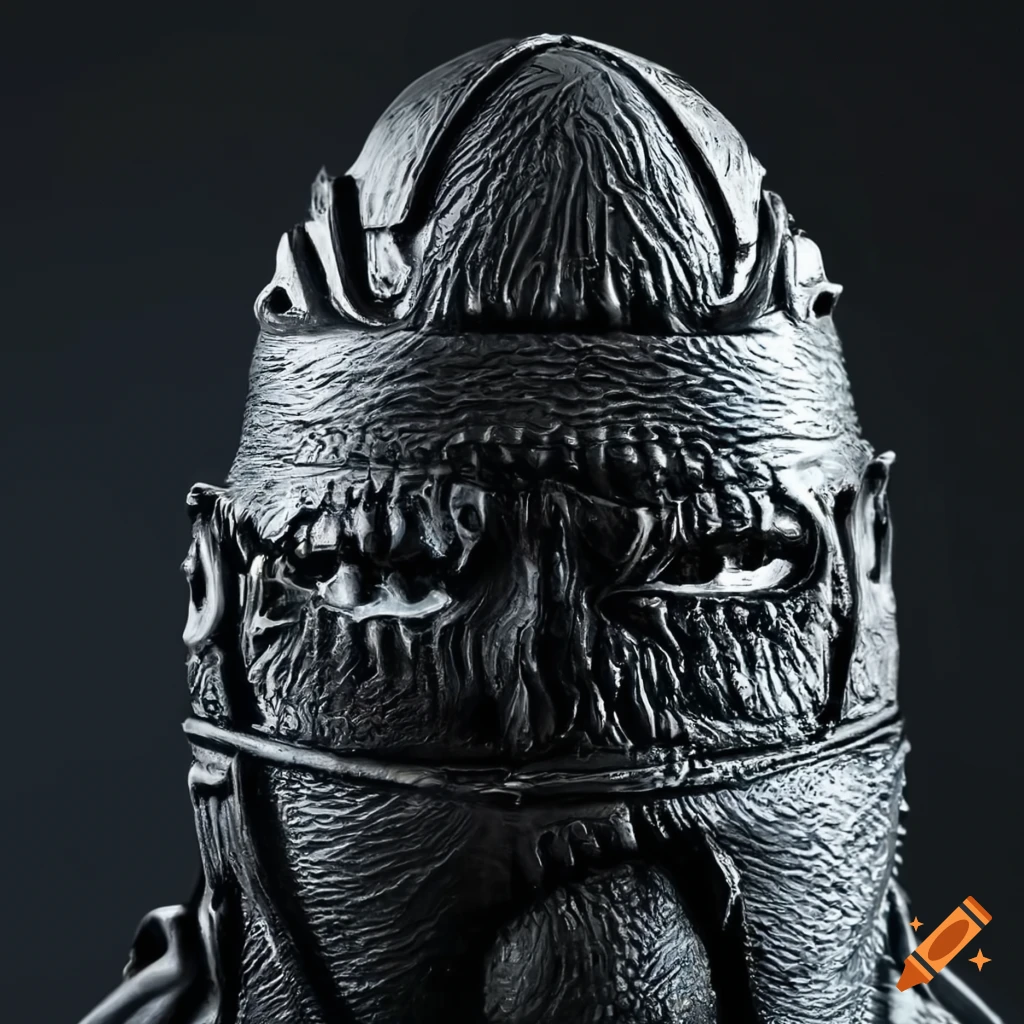 Black rocket sculpture with enraged face and artistic arms