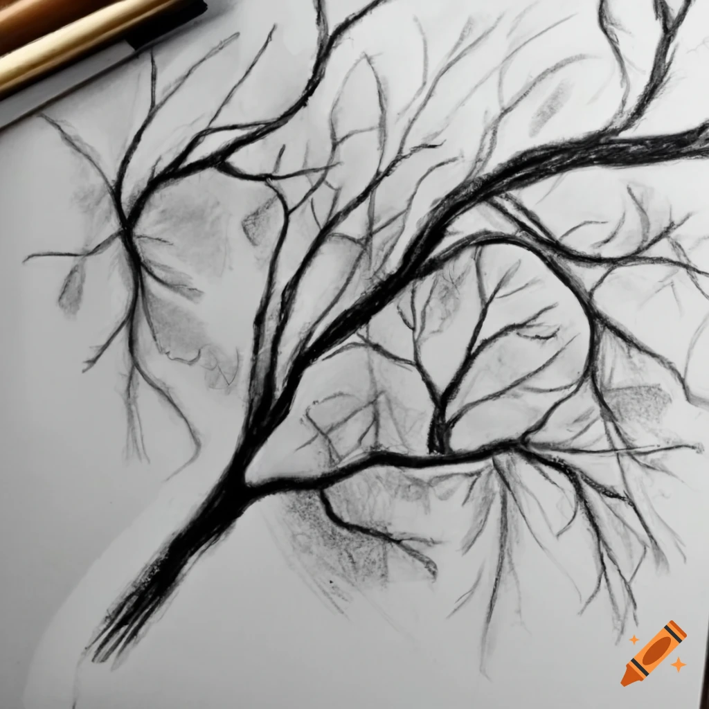 Tree branch in charcoal drawing in black and white