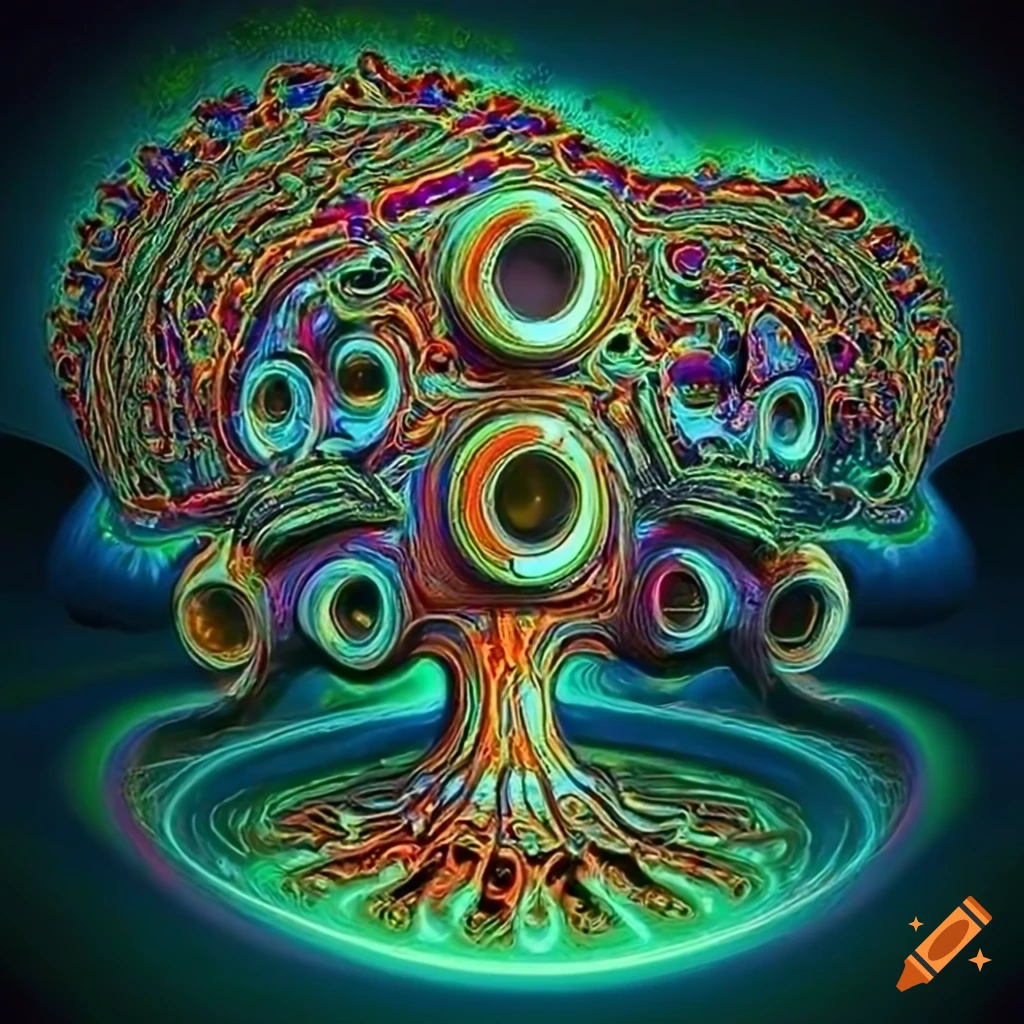 Psychedelic alien tree in tube art style with tropical plants in retro