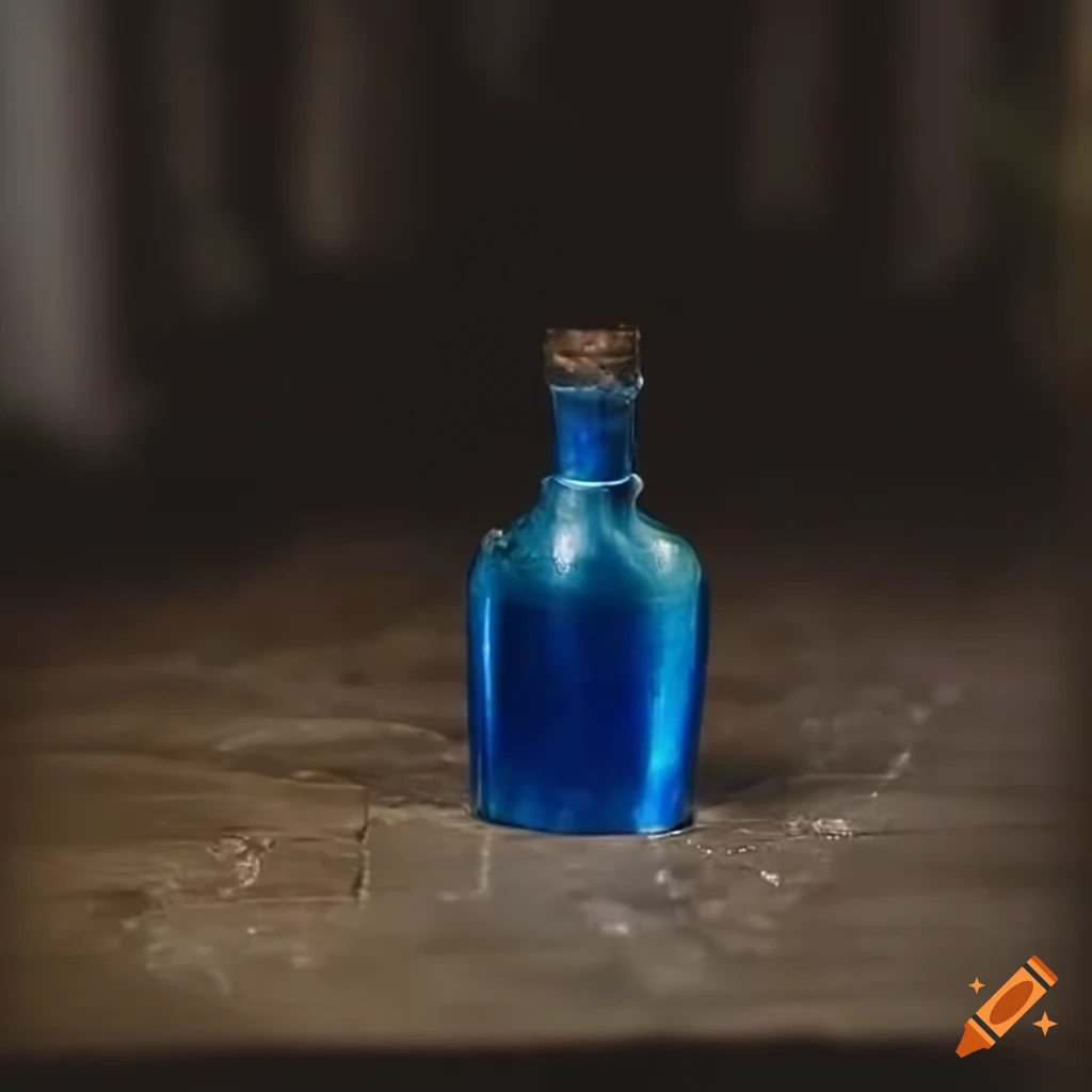 Blue potion on a medieval table in a corridor