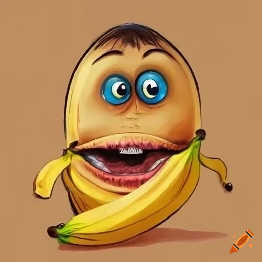 Dessin de banane souriante avec des yeux humains et texte "juste un sourire"