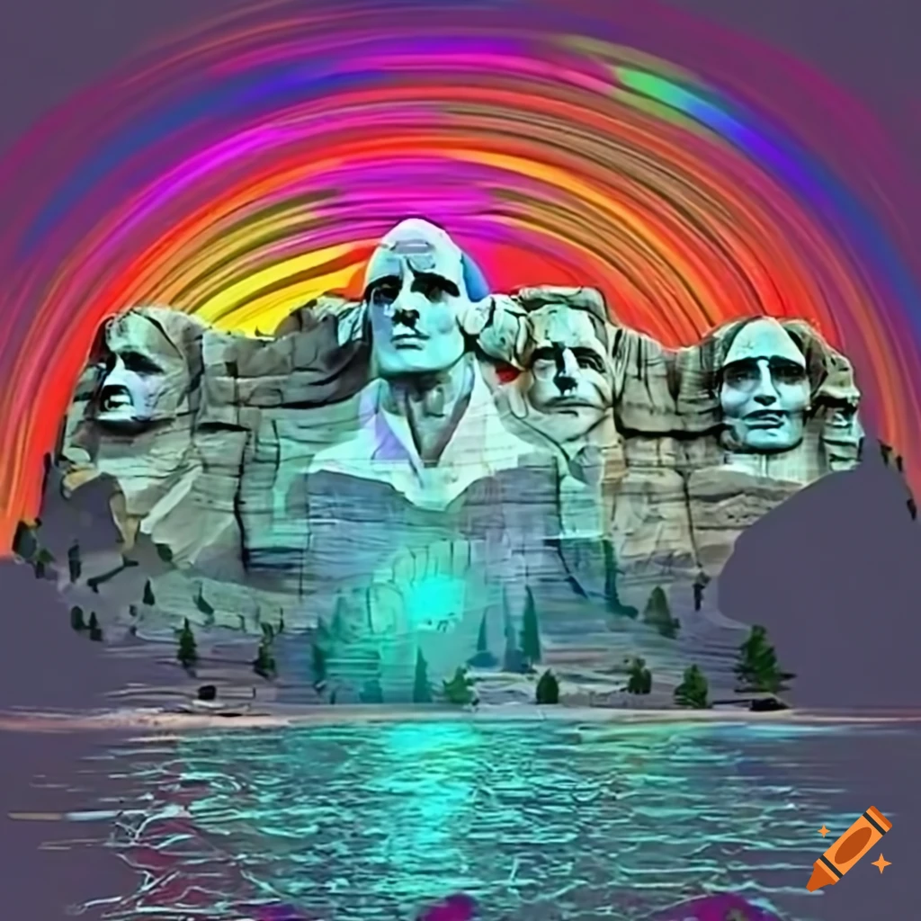 Mount Rushmore with representations of physical education, art, music, and technology
