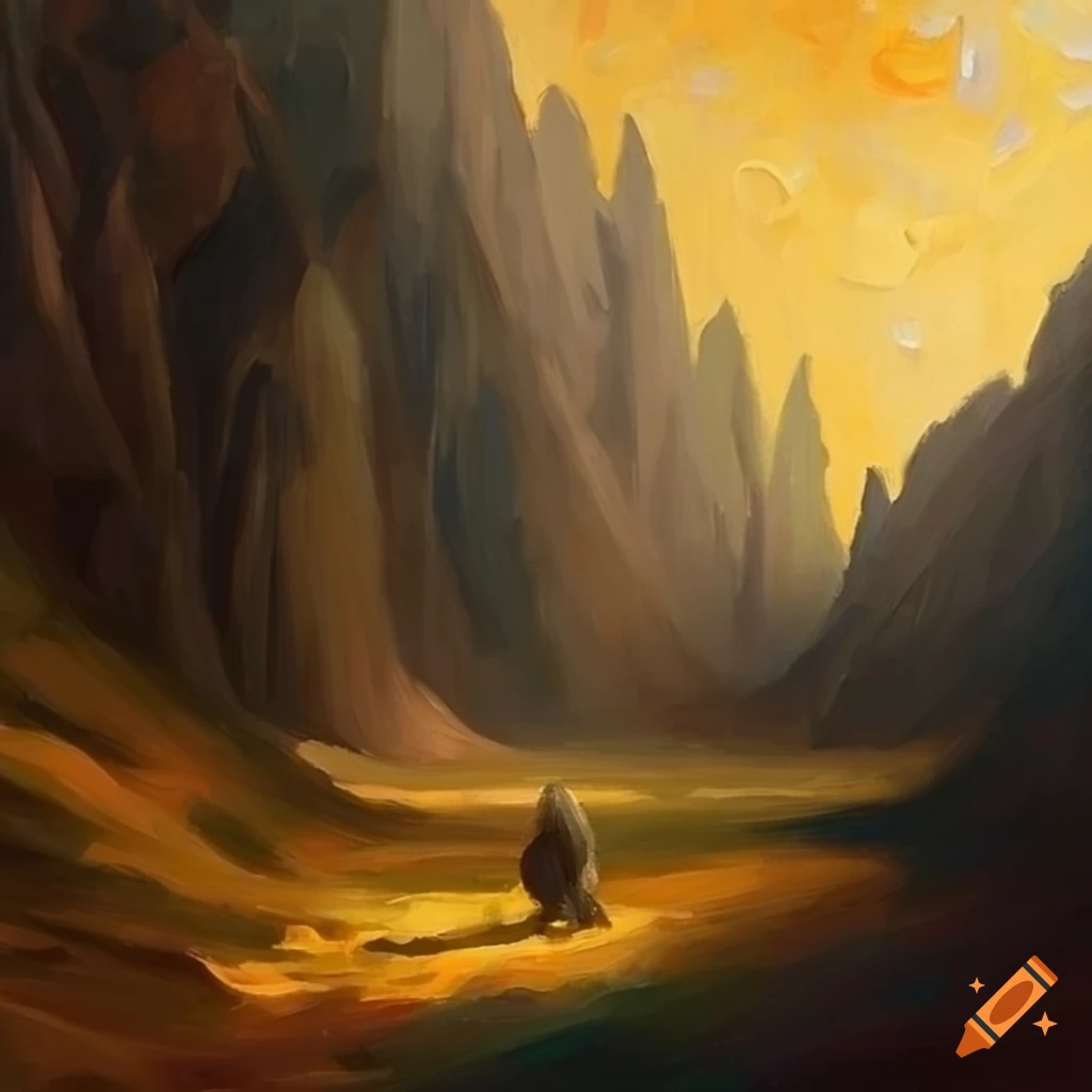 Lonely dying traveler in a wilderness oil painting