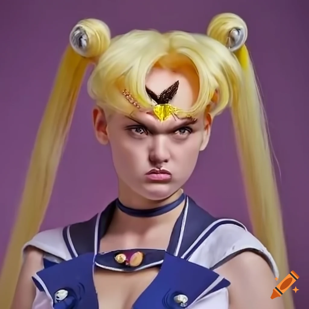 Blonde sailor moon with an angry expression from a low angle