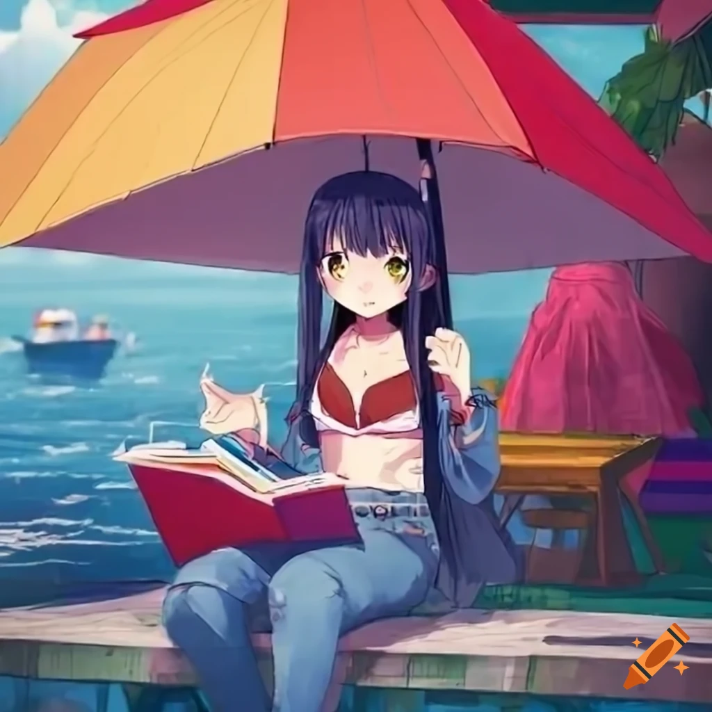 Cheerful anime girls studying at a colorful waterfront terrace with books