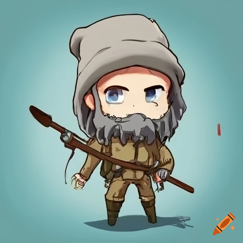 Happy wilderness ranger with long grey beard and hat in chibi style on ...