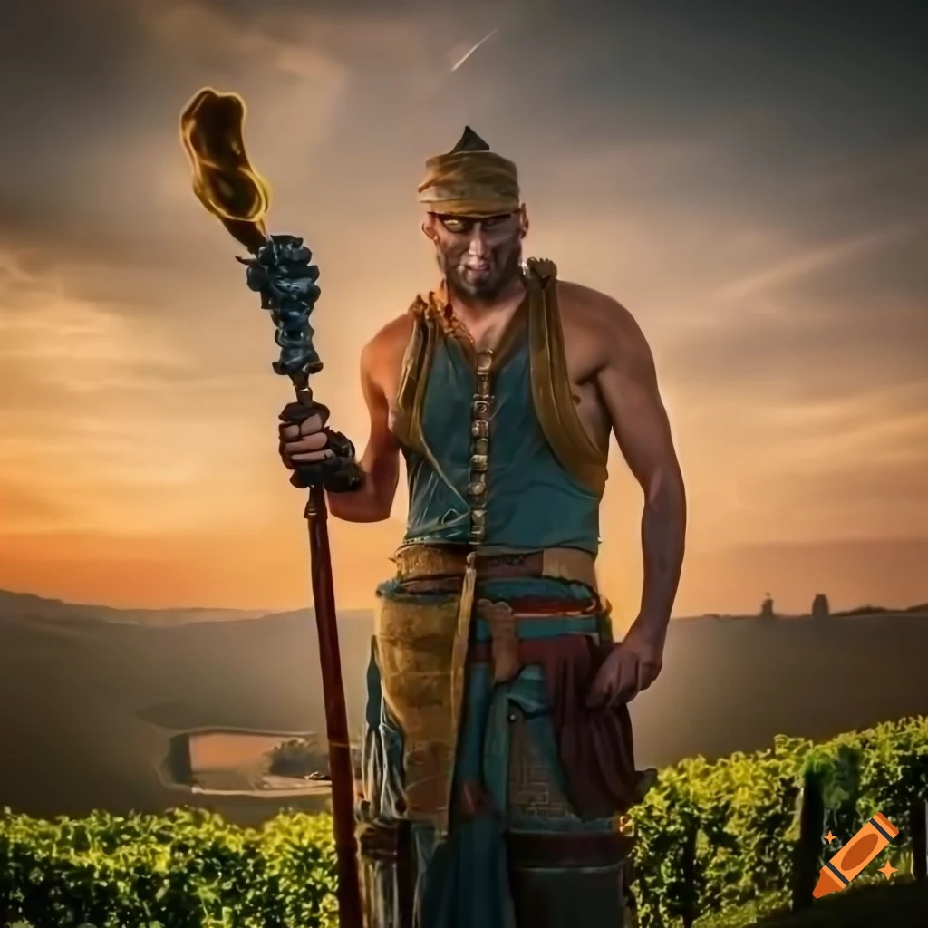 Warrior prince with torch weapon in vineyard near royal chambers