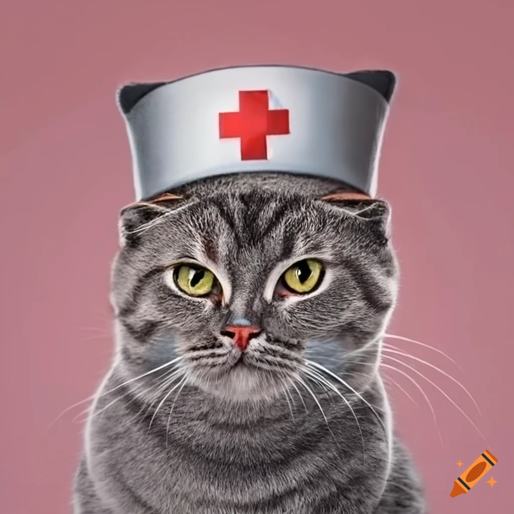 Scottish fold cat wearing a nurse hat with a red cross