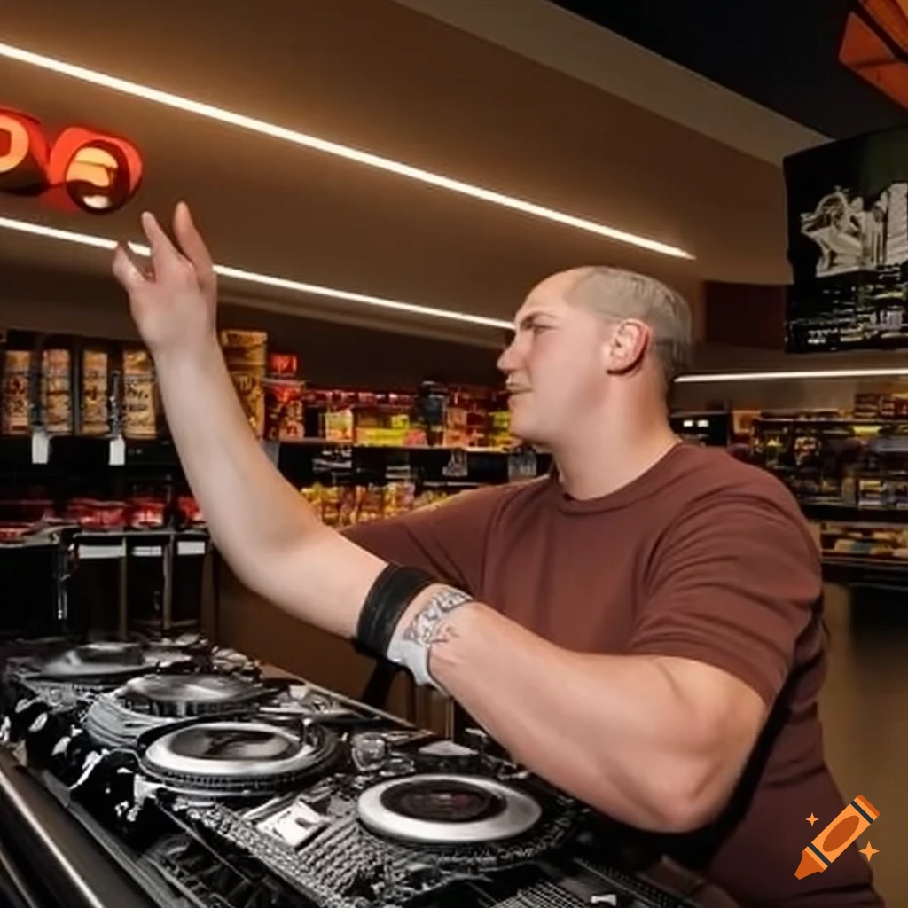 Euro trash DJ in a grocery store