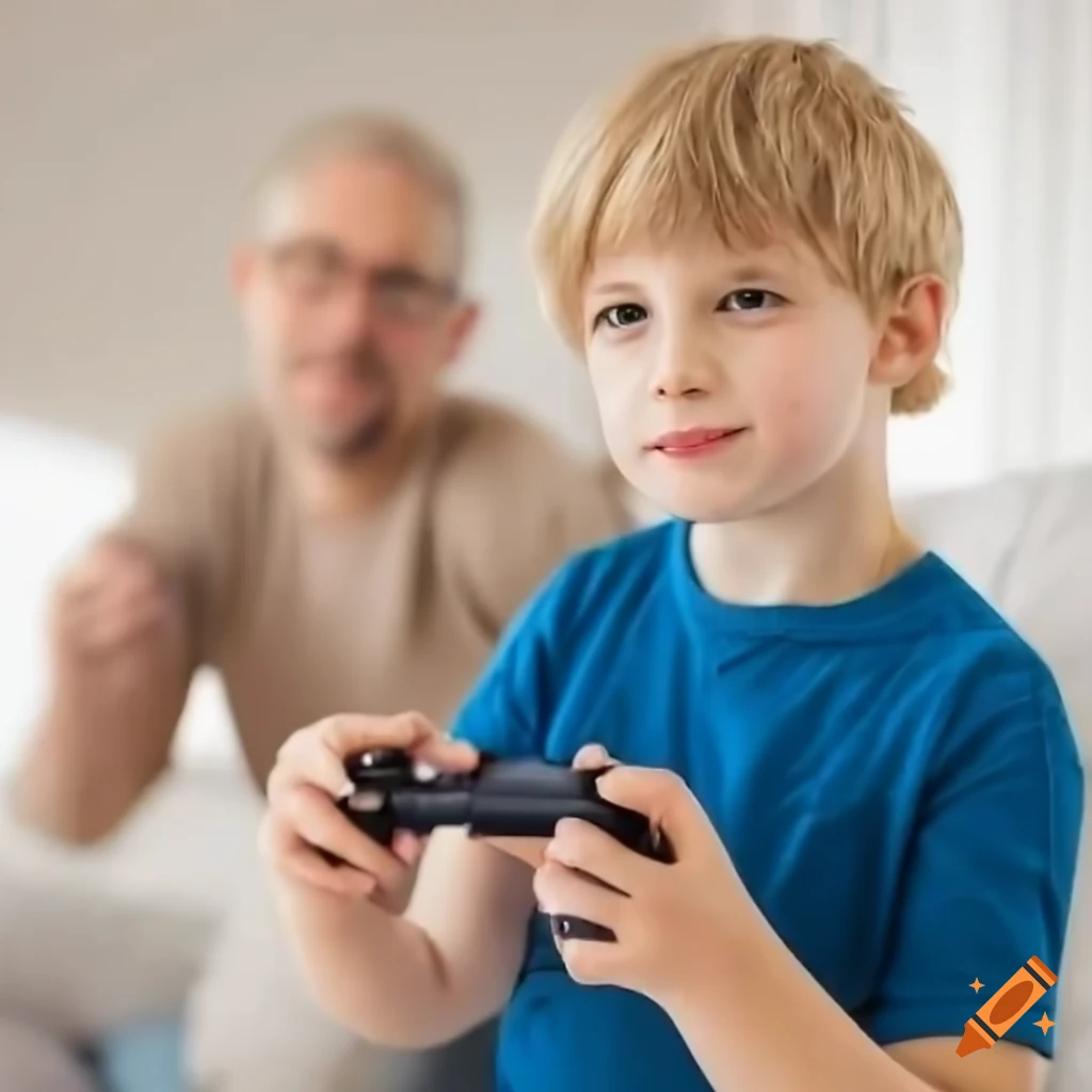 Blonde boy playing video games with father in background