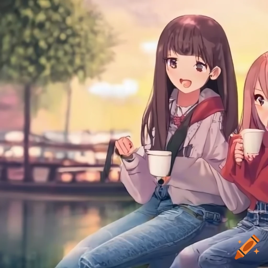 Cheerful anime girls studying and drinking coffee at a waterfront terrace under a rainy sky