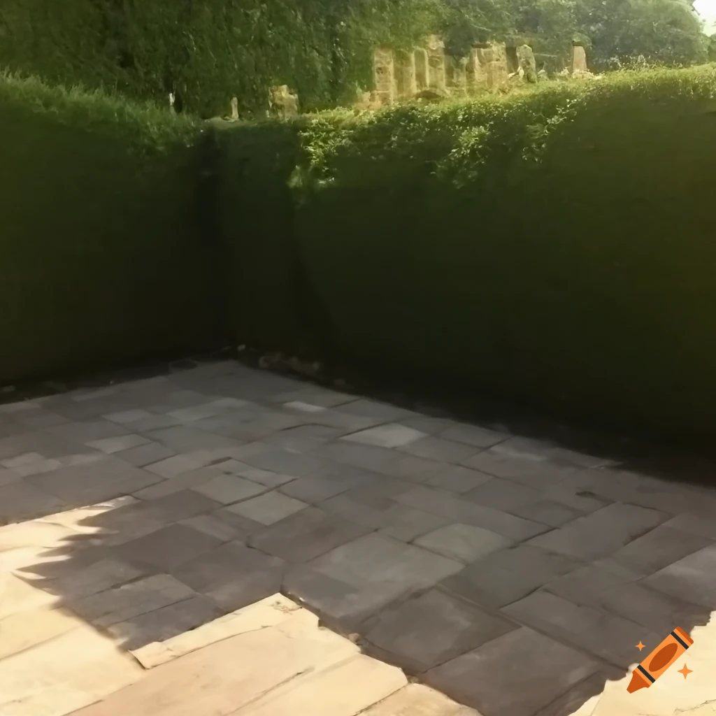 York stone paved back garden with straight yew hedges